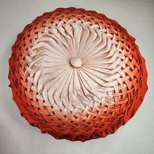 Vintage Mid Century Large Round throw Pillow Pleated Satin Red Pink Ombre